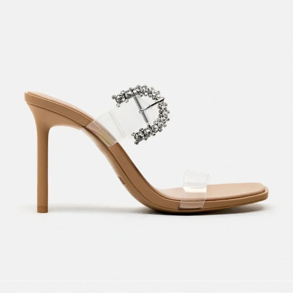 ZARA HIGH HEELED LIGHT BEIGE VINYL SANDALS - Picture 6 of 9
